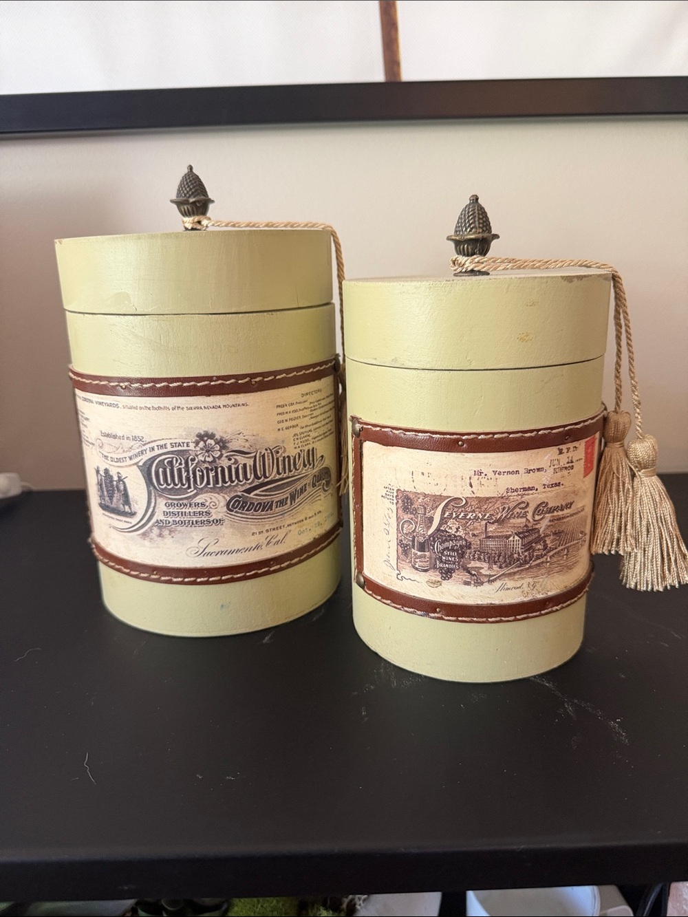 Decorative Painted Wood Olive Green Cylinder Canisters with Vintage Labels